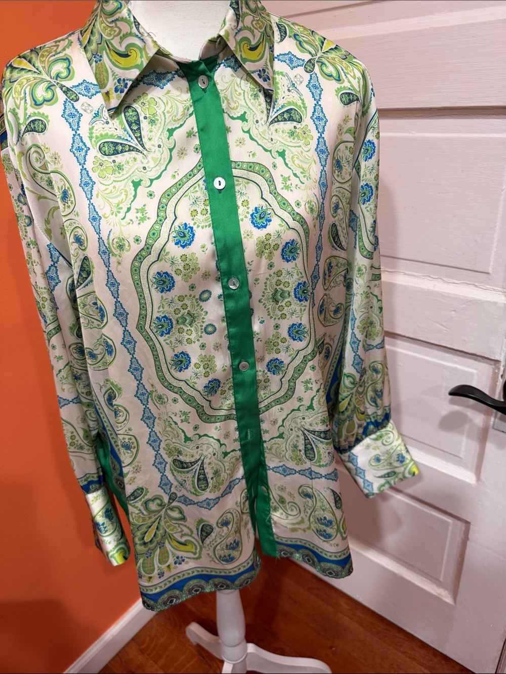 Zara Cream Paisley Button-Down with Green & Blue Accents